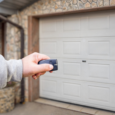 Joplin security key fob pointing to a garage door